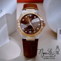 Đồng Hồ Nữ Omega Constellation Dây Da Nâu Vỏ Demi Rose Niềng Trơn Size 34mm - Quartz Japan