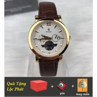 Đồng hồ nữ Ro giả lộ máy giả cơ đồng hồ mặt tròn viền vàng tặng kèm pin lá bồ đề