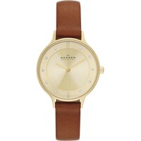 Đồng hồ nữ Skagen SKW2147 màu vàng (Gold) mặt vàng nhạt dây da nâu size 30mm [bonus]