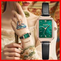 Đồng hồ nữ,chính hãng OLEVS mặt hình chữ nhật,màu xanh lá cây, mẫu dây da và dây thép lưới cực đẹp, cá tính cho phái đẹp