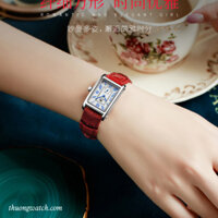 Đồng hồ olevs nữ dây da mặt chữ nhật size nhỏ đỏ viền bạc ĐHĐ42103