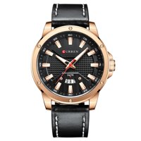 Đồng hồ Quartz Dây đeo bằng da Hiển thị thời gian &amp; Lịch chống thấm nước 3ATM-Màu Hoa hồng vàng