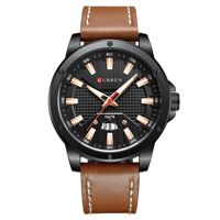 Đồng hồ Quartz Dây đeo bằng da Hiển thị thời gian &amp; Lịch chống thấm nước 3ATM-Màu đen