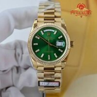 Đồng Hồ Rolex Day-Date 128238-0130 Vàng Vàng Mặt Xanh Lá Cọc Số Đá Baguette 158g Clone 1:1 QF 36mm