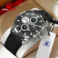 Đồng hồ thạch anh dây da đen sang trọng CHAXIGO, đồng hồ doanh nhân 43mm mặt số lớn phát sáng, đồng hồ thời trang chống nước cho nam 6707-9