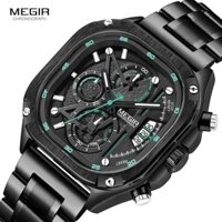 Đồng hồ thạch anh đen MEGIR Đồng hồ đeo tay mặt vuông chống nước cho nam có dây đeo bằng thép không gỉ Chronograph Dạ quang Tay tự động Ngày