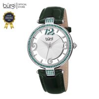 Đồng hồ thời trang nữ Burgi BUR150GN Mặt Số Nổi Guilloche Khung Viền Đá Swarovski Dây Da Xanh 38mm