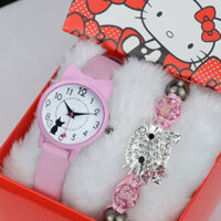 Đồng hồ trẻ em Hello Kitty với vòng tay thạch anh hộp 2 trong 1 kèm hộp trẻ em Bộ đồng hồ trẻ em hoạt hình màu hồng dành cho học sinh