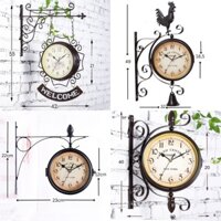 Đồng hồ treo tường 2 mặt màu đen cổ điển decor quán cafe nhà hàng quán rượu tân gia
