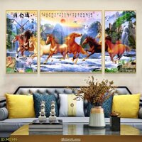 Đồng Hồ Treo Tường Bộ 3 Bức Tám Con Ngựa Phi Nước Đại Dũng Mãnh - Tranh Đồng Hồ Cho Người Tuổi Ngọ Kèm Pin, Đinh 3 Chân