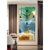 Đồng hồ treo tường hiện đại, tranh tráng gương trang trí nhà cửa phòng làm việcHƯƠU NAI TÀI LỘC, tranh đồng hồ. - CNN411,39X79CM