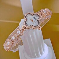 Đồng Hồ Van Cleef & Arpels Nữ Dây Lắc Tay Cỏ 4 Lá Vỏ Vàng Hồng Hoa Trắng Xà Cừ Size 27mm
