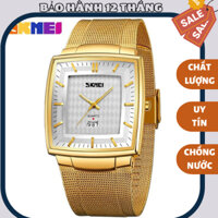 Đồng hồ vuông nam dây lụa skmei có lịch ngày, đồng hồ dây thép vàng chống nước tốt mỏng đẹp sang trọng hot ocdong.store