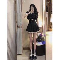 Đồng phục JK màu đen Pure Desire Hot Girl Mặc phong cách Chanel Bộ đồ váy xếp ly hai dây rốn chữ a#3.17