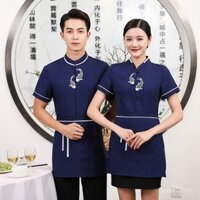 Đồng phục làm việc cho nhân viên phục vụ nhà hàng Lẩu, tay ngắn, phong cách Trung Quốc, đồng phục mùa hè cho nữ tại nhà hàng, quán trà, quầy lễ tân, khách sạn