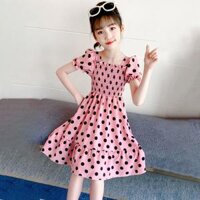 DONGSHOP Cô gái ăn 2023 Trẻ em nhất Wave Dot Dress Em bé bong bóng tay áo bánh công chúa thời trang lớn - Màu hồng 235 Wave Dot Dress - 140