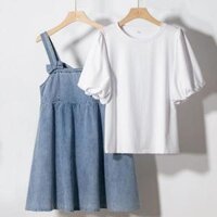 DONGSHOP HOT Bộ đồ hai mảnh ngọt ngào hai mặt có thể mặc nơ bướm denim dây đeo váy cho sinh viên - Lớp lót - 160145-155CM