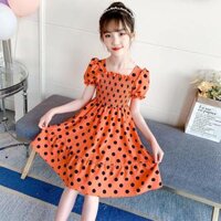 DONGSHOP HOT Cô gái ăn mặc mùa hè 2023 Hàn Quốc thời trang trẻ em mùa hè váy cô gái Mid-Boy công chúa váy ướt - Cam đỏ 235 mẫu váy điểm sóng - 140