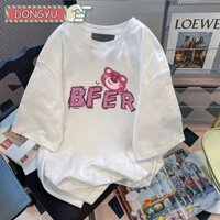 Dongyu Áo Thun Nam Cotton Nguyên Chất Sinh Viên Mỹ Retro Dâu Tây Gấu Đa Năng Rời Tay Ngắn Thường Ngày