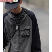 Dongyu Áo thun nam mới có phong cách cổ điển Nhật Bản dạo phố và cảm giác cao cấp, được giặt bằng túi màu tương phản, áo dài tay cổ tròn dáng rộng vừa vặn phong cách cặp đôi