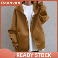 Donovan Nữ Lông Cừu Lót Áo Len Full Zip Có Mũ Trùm Đầu Áo Màu Trơn Tay Dài Rời Áo