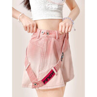 Dopamine Gradient màu hồng bên dây kéo quần jean cạp cao mùa hè phong cách mới Quần short ống rộng thông thường