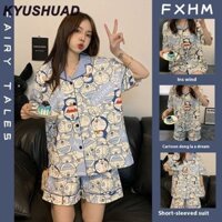 Doremon Bộ Đồ Ngủ Nữ Hoạt Hình Mới In Hình Mỏng Ve Áo Cardigan Tay Ngắn Homewear Phù Hợp Với