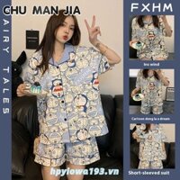 Doremon Bộ Đồ Ngủ Nữ Hoạt Hình Mới In Hình Mỏng Ve Áo Cardigan Tay Ngắn Homewear Phù Hợp Với