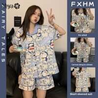 Doremon Bộ Đồ Ngủ Nữ Hoạt Hình Mới In Hình Mỏng Ve Áo Cardigan Tay Ngắn Homewear Phù Hợp Với