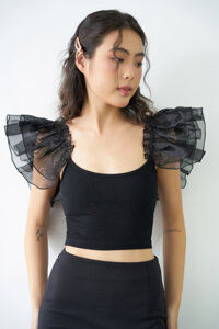 DOTTIE - Áo phối vải tay cánh tiên - Đen - T0707 - M