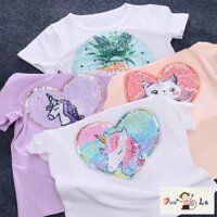 Doula ~ Áo Thun cotton Tay Ngắn Đính Kim Sa Hai Mặt Màu Sắc Thay Đổi Dễ Thương Cho Bé Gái