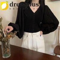 Dressplus Áo len Cardigan tay phồng, Áo sơ mi voan dài tay mỏng ngọt ngào, Áo cổ chữ V thanh lịch thời trang dệt kim hàng đầu cho nữ mùa xuân thu