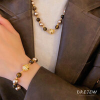 Drezew 14K thật mạ điện zircon tròn hổ mắt đá ngọc trai nhân tạo vòng tay vòng cổ