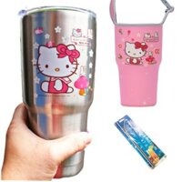 ĐỦ BỘ LY GIỮ NHIỆT HELLO KITTY BẠC 900ML CÓ ĐỦ PHỤ KIỆN