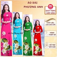 Đủ màu áo dài đồng phục hoạ tiết hoa sen - Áo Dài Phương Anh - M15 - hoạ tiết in 3D, cổ tròn, tay lỡ