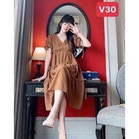 (Đủ size 50-100kg) Váy bầu,đầm bầu bigsize màu nâu,cổ chữ V lạ mắt