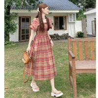 Đủ size đến 100kg.Váy bầu bigsize dáng kẻ đỏ phối chun ngực