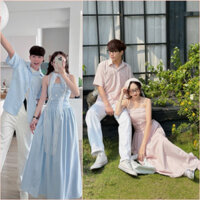 (đủ size nữ max 65kg) Áo váy cặp đôi - đồ đôi sơ mi nam nữ váy sọc xanh kèm phụ kiện khăn đẹp