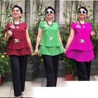 Đủ Size Từ 45kg Đến 80kg - Áo Trung Niên Voan Chiffon Có Giãn Nhẹ 2 Lớp Thêu Hoa Cao Cấp