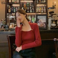 Du YUAN Cổ Vuông Dây Giảm Béo Chặt Tay Dài Đa Năng Áo Len Đế Mặc Bên Trong