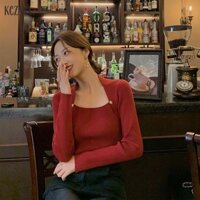 Du YUAN Cổ Vuông Dây Giảm Béo Chặt Tay Dài Đa Năng Áo Len Đế Mặc Bên Trong