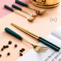 ĐŨA - SÚP - NĨA TO TRẮNG XANH NGỌC BÍCH CAO CẤP  SET ĐŨA THÌA NĨA INOX CÁN SỨ PHONG CÁCH TÂN CỔ ĐIỂN HOME LUXURY DECOR - Súp - Xanh