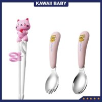 Đũa tập ăn cho bé, Bộ thìa dĩa inox tập ăn cho bé kèm hộp đựng Happy Cat