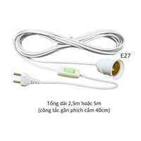 Đui chuôi đèn E27 liền dây điện có công tắc và phích cắm dài 2,5m 5m đuôi xoáy 27mm LH-SPx - 2m5Đuictpcd