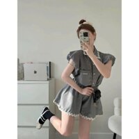 đùi viền ren, áo cổ tròn nữ quần short viền bèo TS23