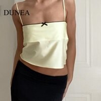 DUNEA Áo Hai Dây Vải Satin Phối Ren Thắt Nơ Phong Cách Nữ Tính