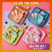 Dụng cụ ăn dặm cho bé 💕𝑭𝒓𝒆𝒆𝒔𝒉𝒊𝒑💕 Bộ 5 món đồ dùng ăn dặm chất liệu từ sợi tre trang trí hoạt tiết hoạt hình