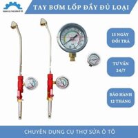 Dụng cụ bơm săm lốp xe máy ô tô, Tay bơm lốp cong, 2 đầu, có đồng hồ