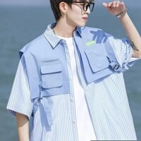 Dụng Cụ Chức Năng Mỹ Giả Hai Mảnh Áo Vest Nam Thiết Kế Cảm Giác Bờ Tây Tay Ngắn Khâu Núi Series Áo Sơ Mi Ngoài Trời 3.28