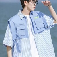 Dụng Cụ Chức Năng Mỹ Giả Hai Mảnh Áo Vest Nam Thiết Kế Cảm Giác Bờ Tây Tay Ngắn Khâu Phong Cách Núi Áo Sơ Mi Ngoài Trời